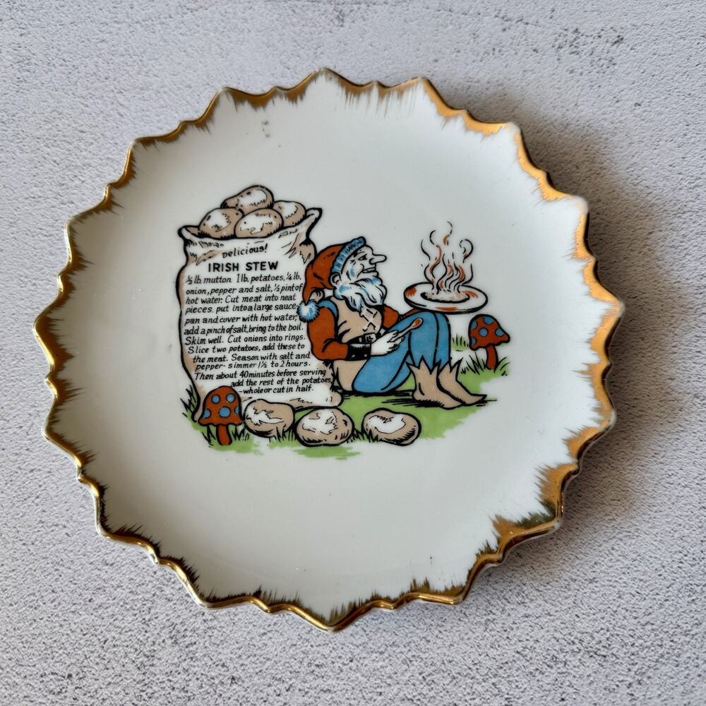 Vintage Decorative Plate Irish Beef Stew Recipe Gnome Mushrooms Potatoes Japan